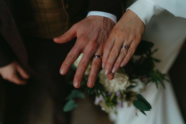 Close up of bride and groom hands ring details