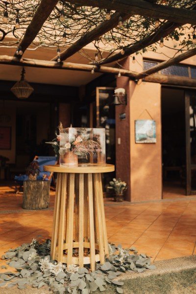 Wooden stand with flowers