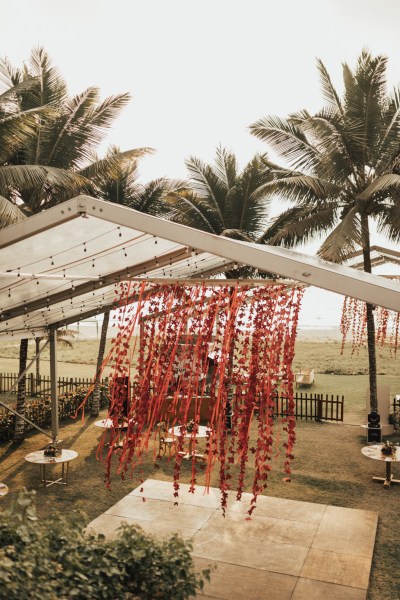 Decorations dangling in greenhouse dining room