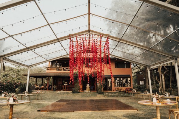 Decorations dangling in greenhouse dining room