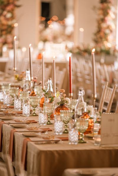 Table setting dining room flowers candles lit