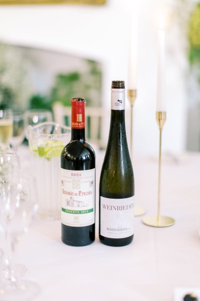 Close up of wine bottles on table