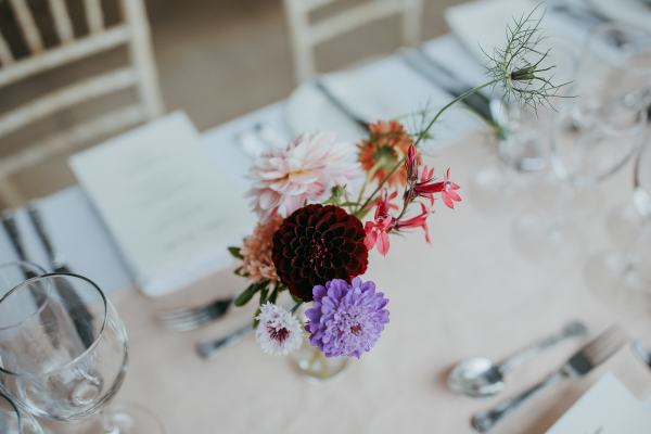 Flowers on table colourful purple and pink colours