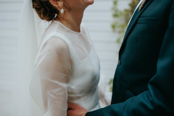 Bride looks up at her groom