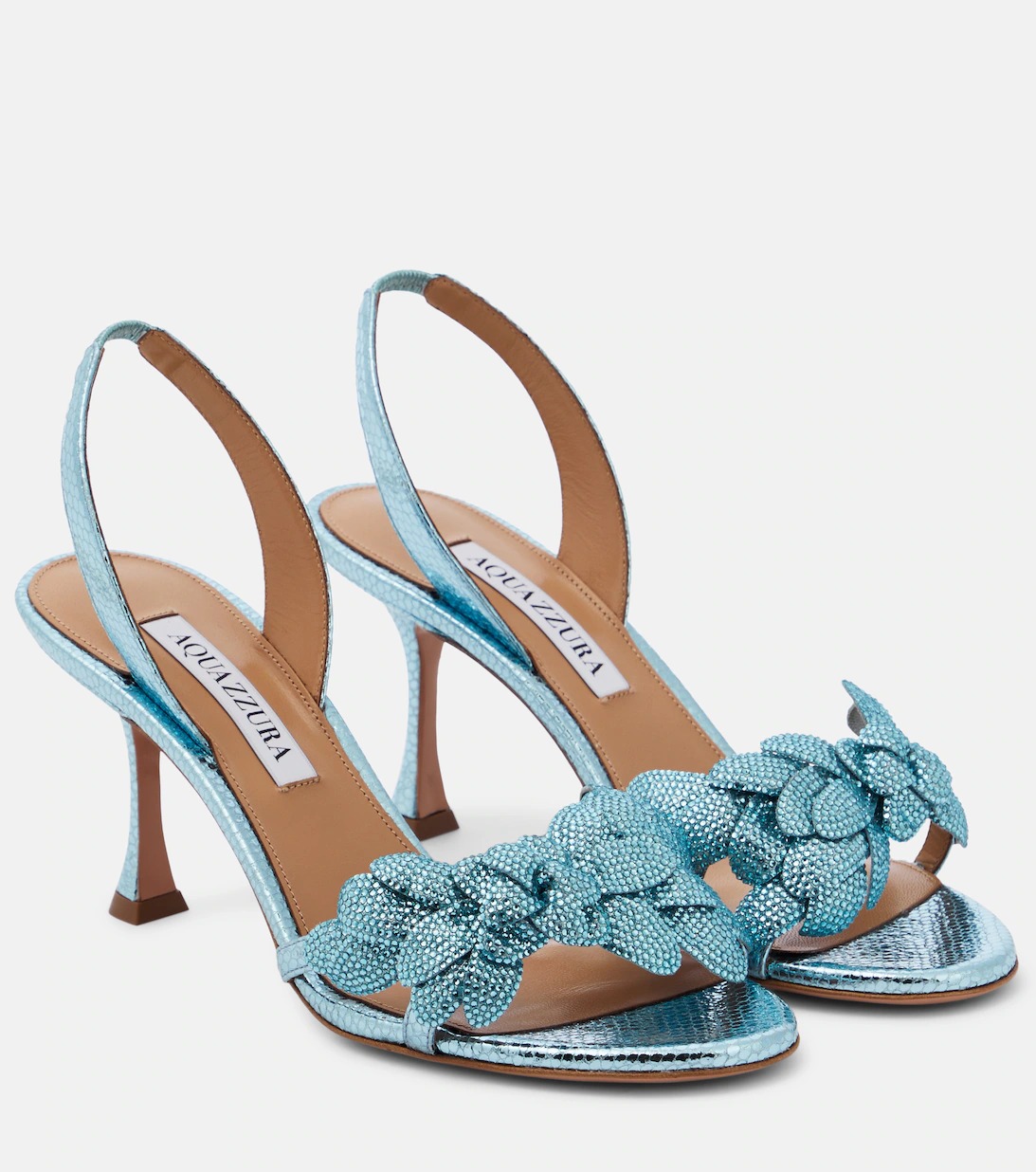 Aquazzura blue heels with sparkling floral accents