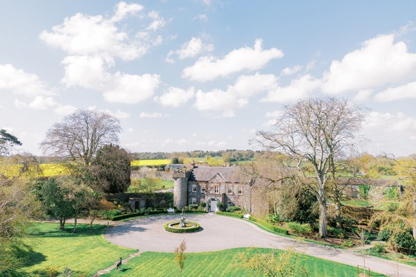 Skyline fountain and drone footage shot of wedding venue