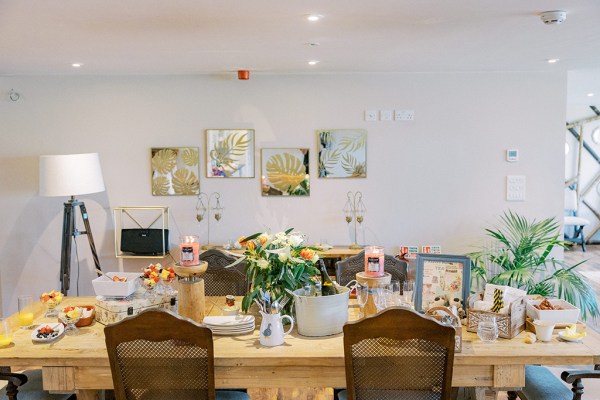 Interior dining room table covered in flowers