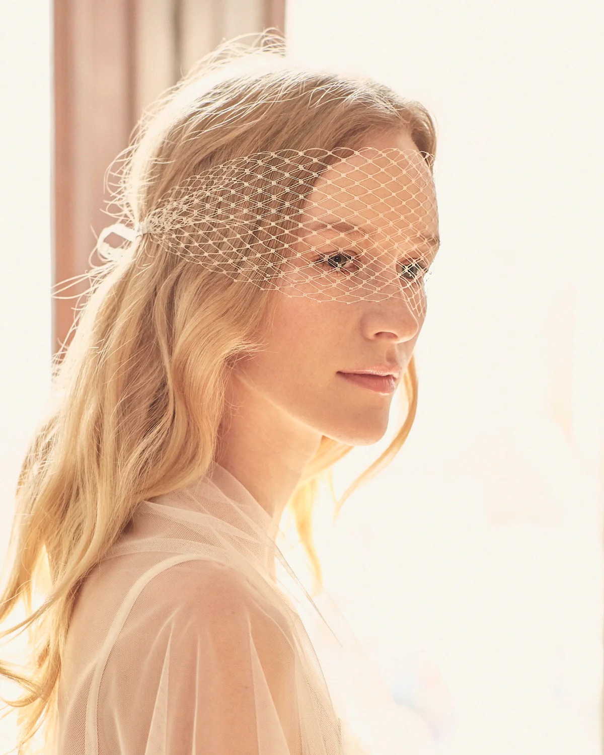 A bride wears a birdcage veil with a sheer wedding dress