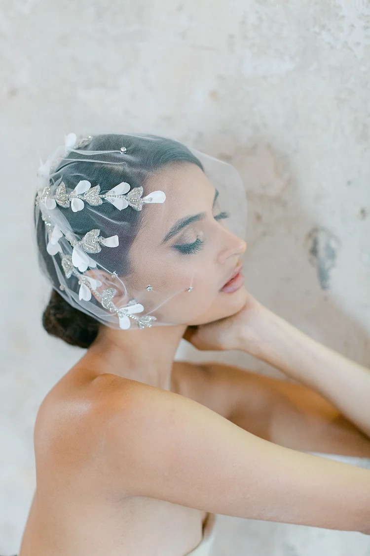 A model stands against a wall wearing a tulle birdcage veil embroidered with silk leaves and crystal beaded vines 