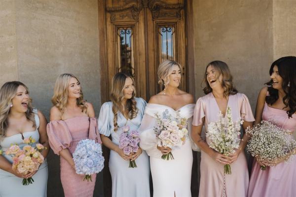 pastel bridesmaids, pastel rainbow bridesmaids, pretty bridesmaids dresses, pastel bridesmaids, dresses, pink bridesmaids dresses, lemon bridesmaids dresses