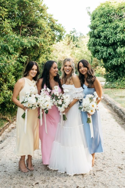 pastel bridesmaids, pastel rainbow bridesmaids, pretty bridesmaids dresses, pastel bridesmaids, dresses, pink bridesmaids dresses, lemon bridesmaids dresses