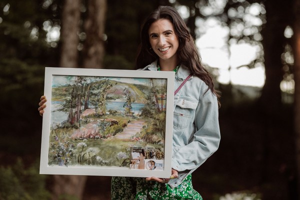 Painting portrait painter in a denim jacket