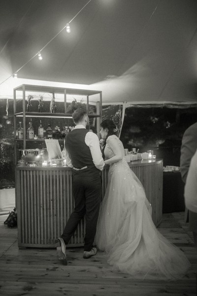 Black and white shot of bride and groom