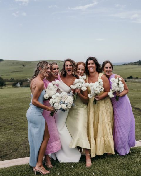 pastel bridesmaids, pastel rainbow bridesmaids, pretty bridesmaids dresses, pastel bridesmaids, dresses, pink bridesmaids dresses, lemon bridesmaids dresses