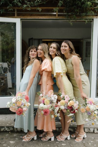 pastel bridesmaids, pastel rainbow bridesmaids, pretty bridesmaids dresses, pastel bridesmaids, dresses, pink bridesmaids dresses, lemon bridesmaids dresses