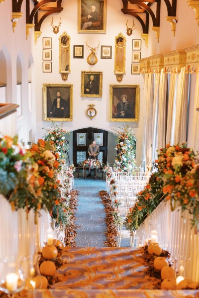 Empty ceremonial setting pumpkins on stairs autumnal theme