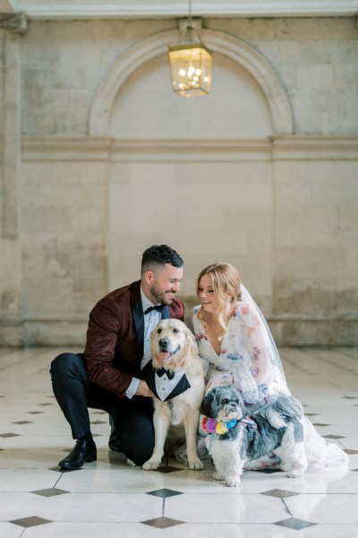 Bride groom and Labrador dog sit on the black and white tiles together