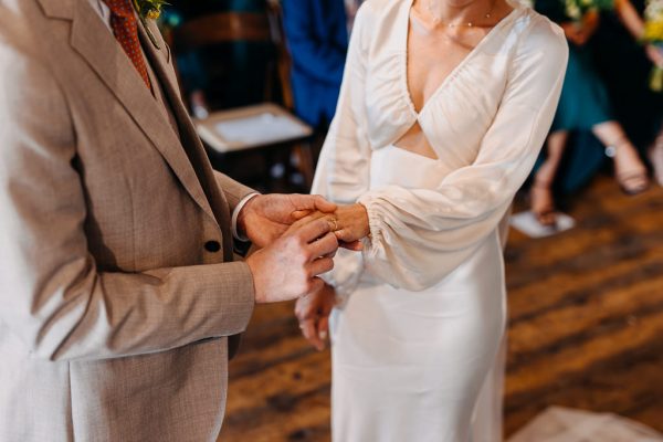 Groom puts wedding ring on bride's finger