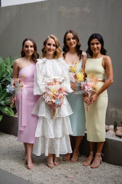 pastel bridesmaids, pastel rainbow bridesmaids, pretty bridesmaids dresses, pastel bridesmaids, dresses, pink bridesmaids dresses, lemon bridesmaids dresses