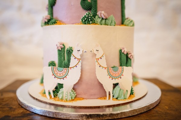 Zoom in of llamas on white wedding cake or camels