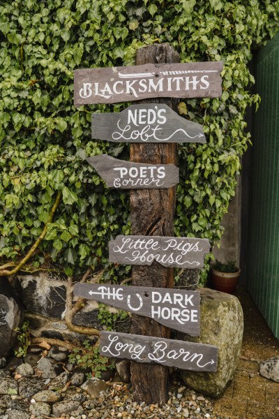 Signs pointing towards poets dark house white writing