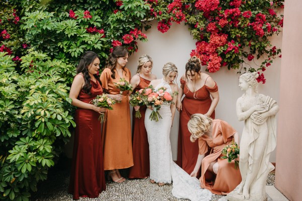 bride bridesmaids bridal white gown autumnal dresses colour and bouquets