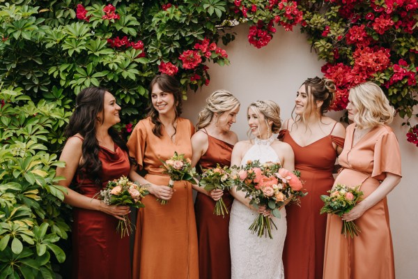 bride bridesmaids bridal white gown autumnal dresses colour and bouquets