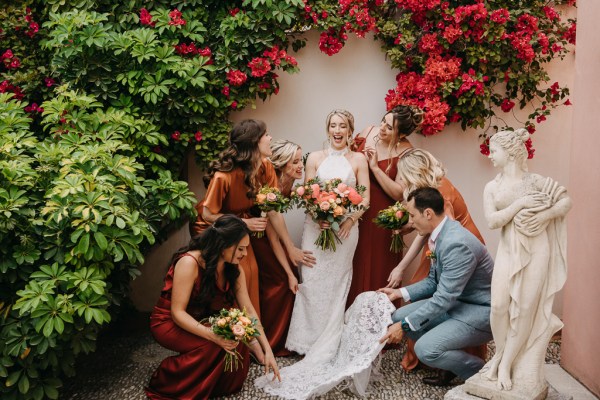 bride bridesmaids bridal white gown autumnal dresses colour and bouquets and groomsman