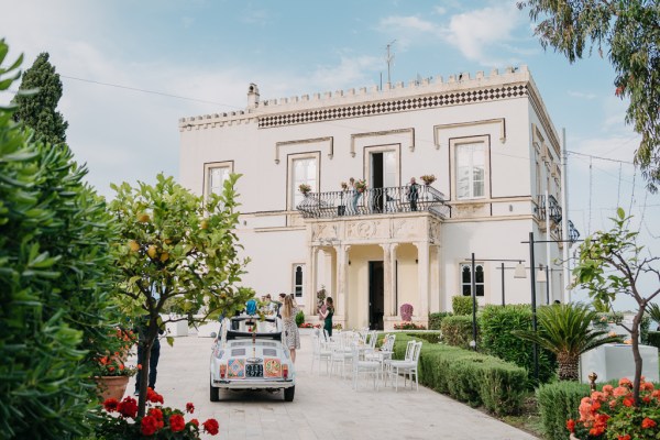 wide shot view of elegant wedding venue exterior