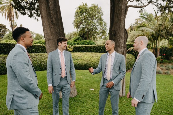 groom and groomsmen stand on the grass together