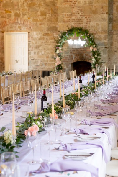 Empty dining room interior ballroom for guests candles and glasses on tables