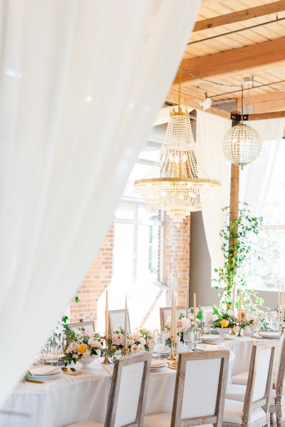 Table setting and flowers roses chair cutlery gold knives and forks chandelier hanging