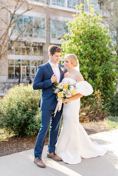 Bride and groom exterior garden shot