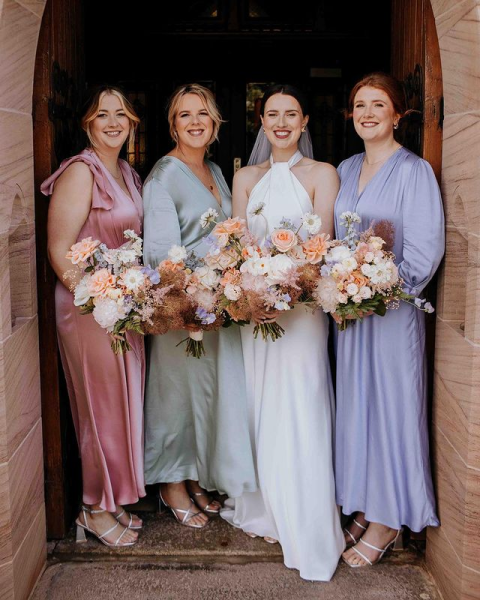 pastel bridesmaids, pastel rainbow bridesmaids, pretty bridesmaids dresses, pastel bridesmaids, dresses, pink bridesmaids dresses, lemon bridesmaids dresses