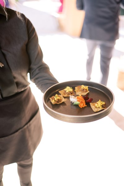 Server waitress serves finger food to guests