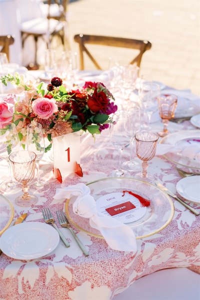 Table setting cutlery plates glasses pink roses flowers