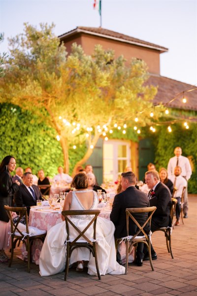 Bride groom and guests seated outside under tree