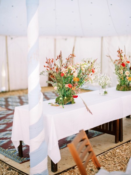 bouquet flowers on white tablecloth