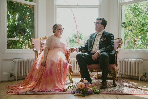 bride and groom seated