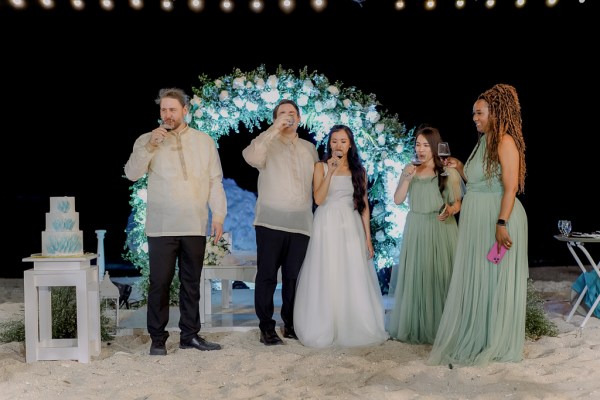 nighttime shot of bride groom and bridesmaids on the sand