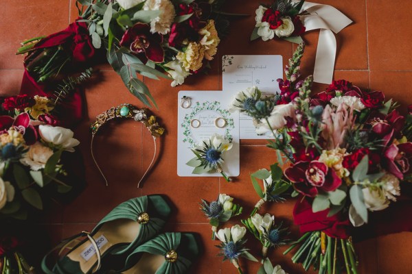 bridal green heels flowers letters RSVP