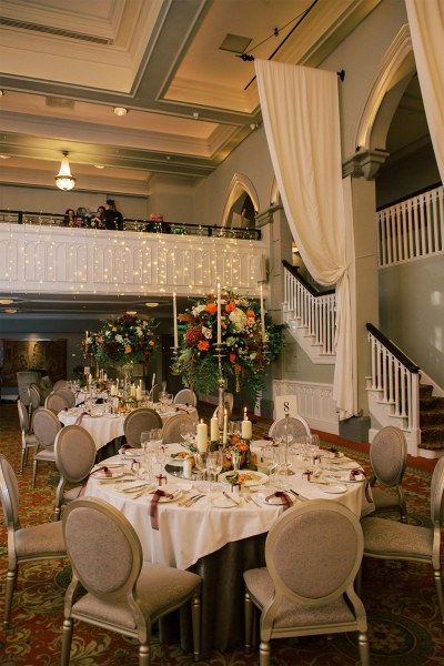 Empty dining room ballroom setting tables and chairs