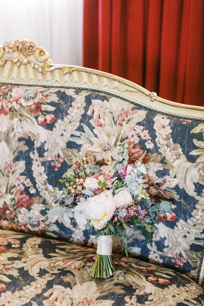 close up of the floral design on Victorian sofa chair