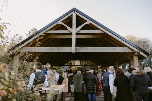 atmosphere of guests outside wedding venue