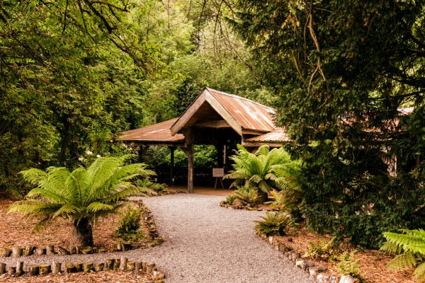 hut in the middle of garden pathway leading up to it