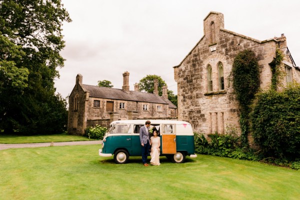 caravan car food truck outside wedding venue on grass