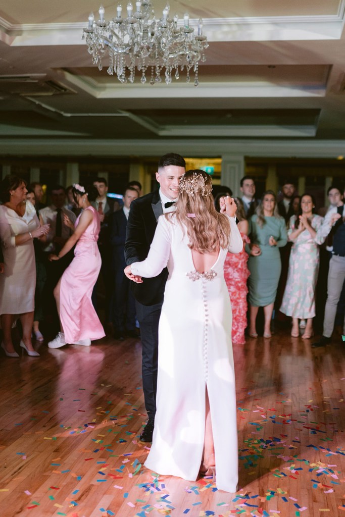 bride and groom on the dancefloor surrounded by guests