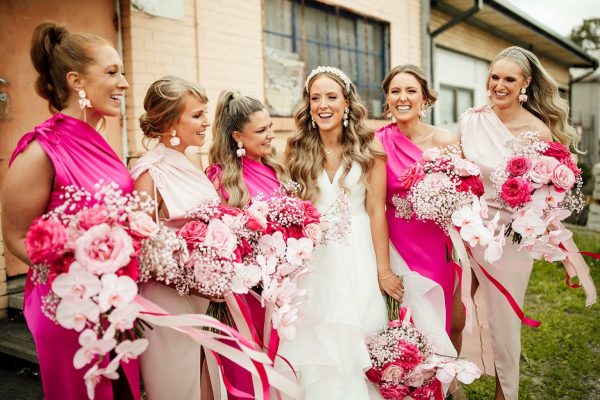 Bridesmaids in pink, pink bridesmaids, pink bridesmaids dresses, pretty in pink bridesmaids, pink bridal party