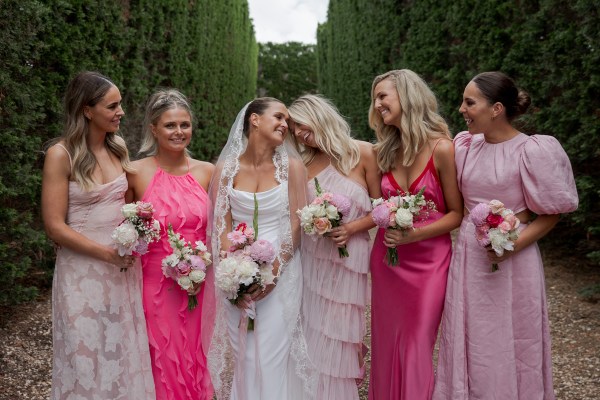 Bridesmaids in pink, pink bridesmaids, pink bridesmaids dresses, pretty in pink bridesmaids, pink bridal party