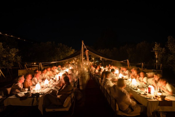 nighttime setting of dining room exterior table